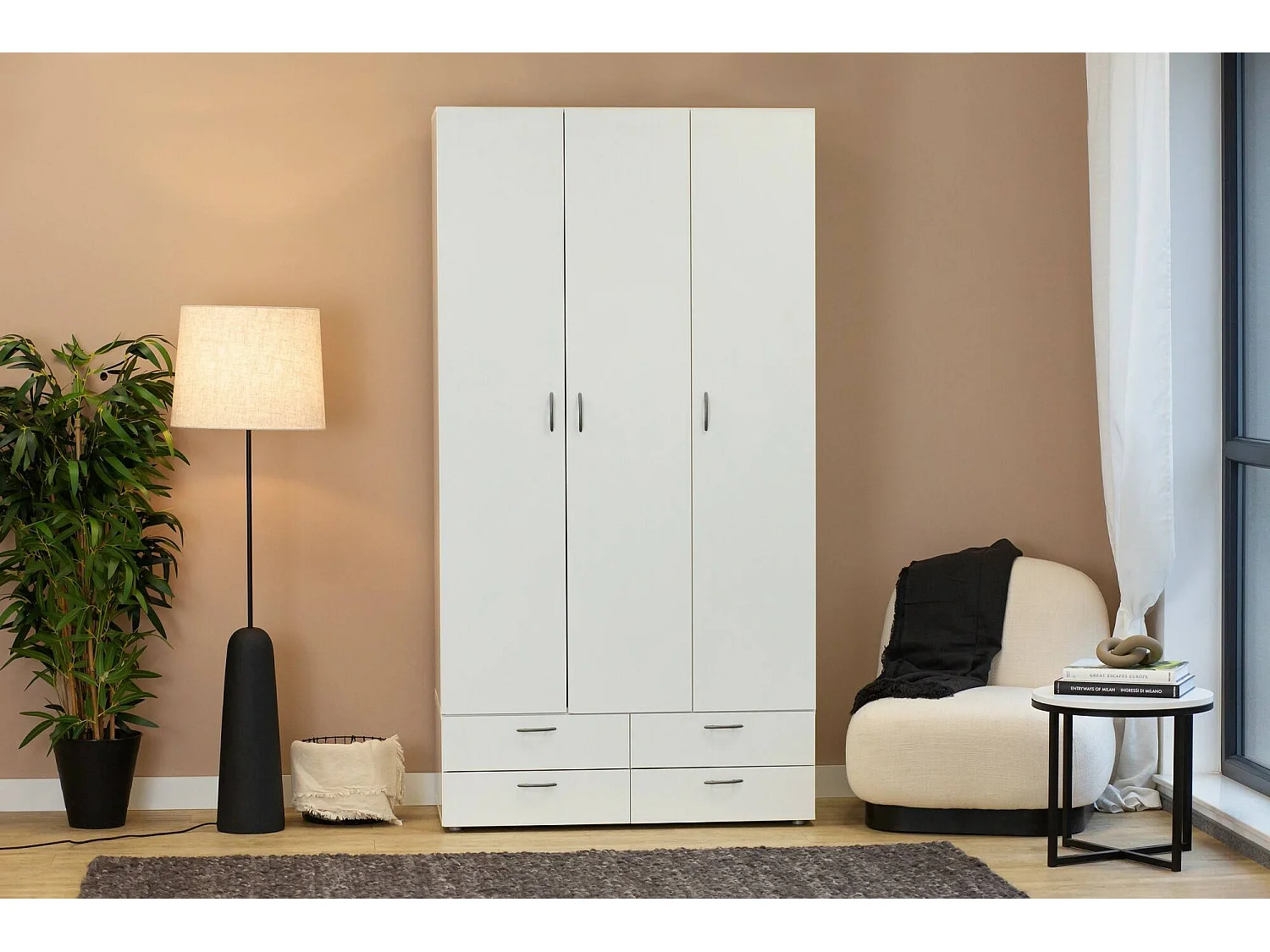 Armoire 3 Portes Randazzo, Porte-manteau, 51.9x110.7 cm Blanc, Armoire Chambre