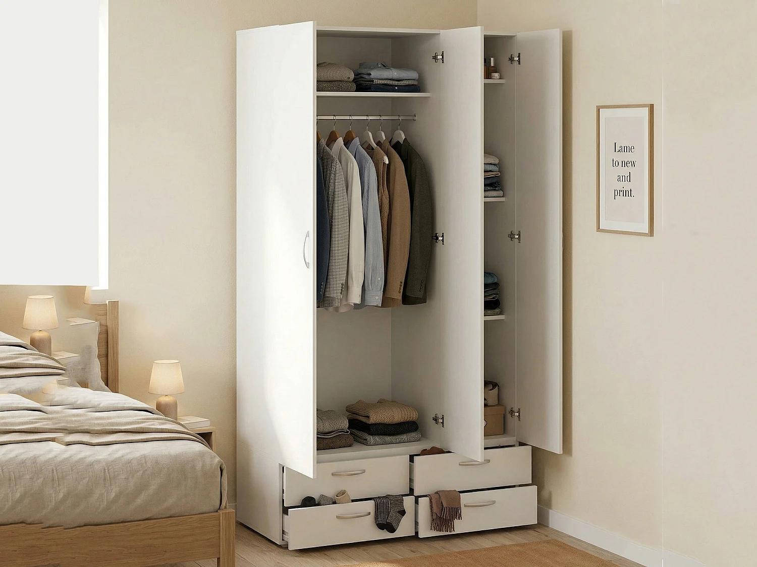 Armoire 3 Portes Randazzo, Porte-manteau, 51.9x110.7 cm Blanc, Armoire Chambre