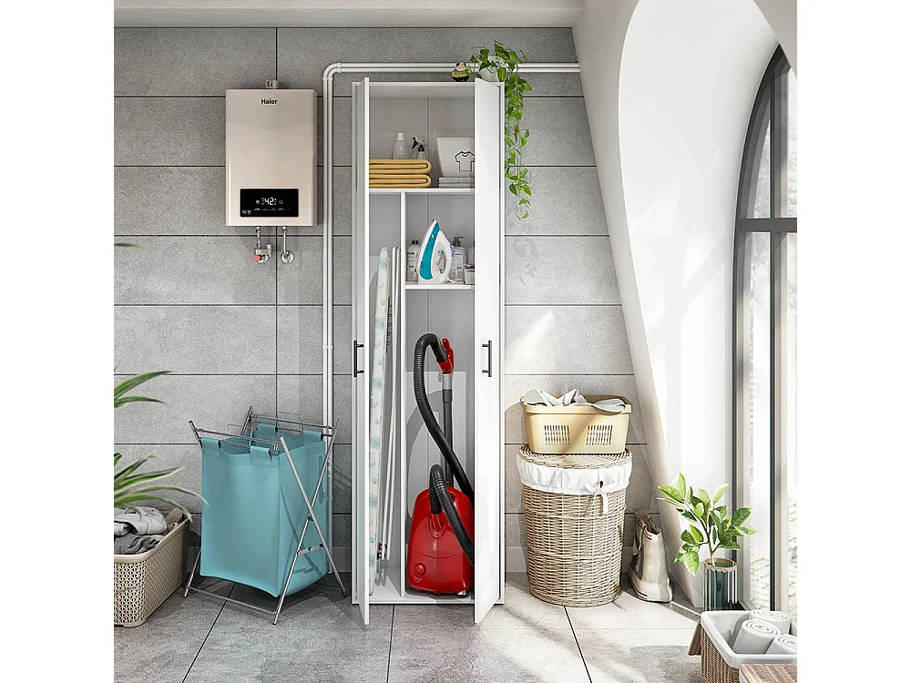 Armoire Polyvalente 2 Portes Strevi, 2 Étagères, 40x206h cm Blanc