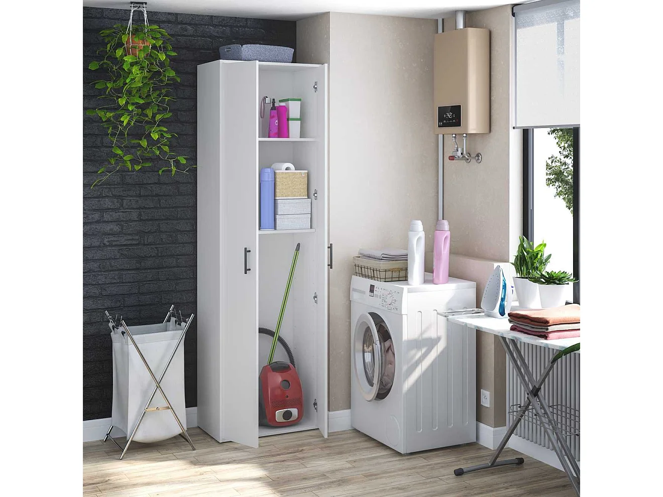 Armoire Polyvalente 2 Portes Strevi, 2 Étagères, 40x206h cm Blanc