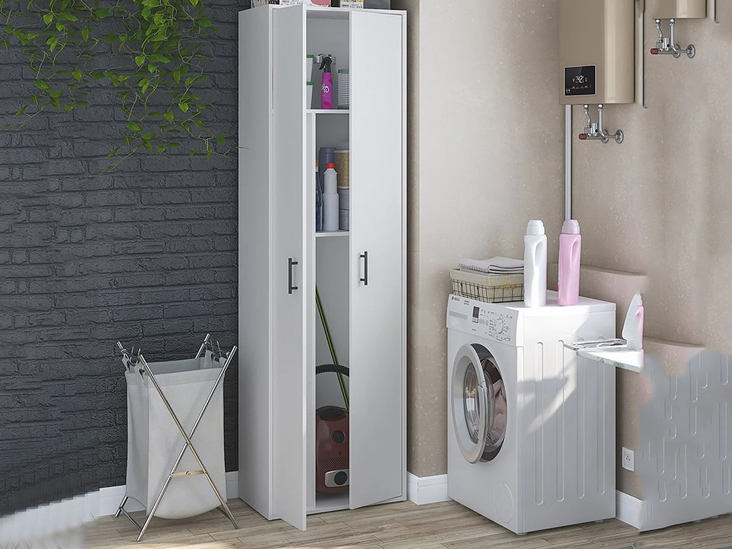 Armoire Polyvalente 2 Portes Strevi, 2 Étagères, 40x206h cm Blanc
