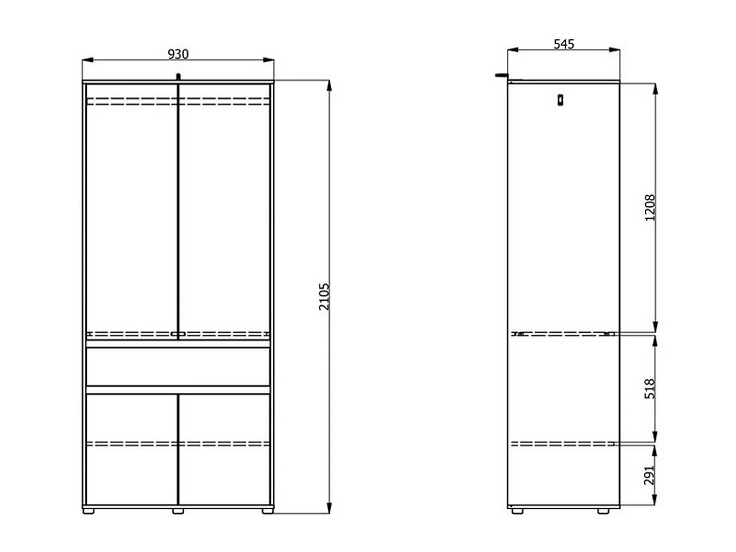 Großer Kleiderschrank Vimercati, 3 Böden, 93x211h cm Weiß, Schlafzimmer, Kleiderständer, Drehtür