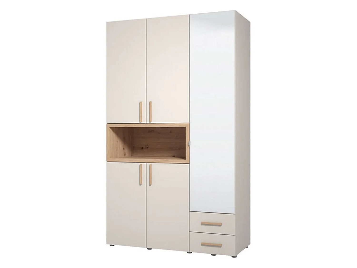 Kleiderschrank 3 Türen mit Ablagen, Kleiderstange, 135x56 cm Beige, Schlafzimmer-Schrank, 2 Schubladen, 6 Regalböden