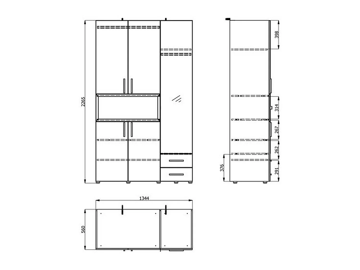 Kleiderschrank 3 Türen mit Ablagen, Kleiderstange, 135x56 cm Beige, Schlafzimmer-Schrank, 2 Schubladen, 6 Regalböden
