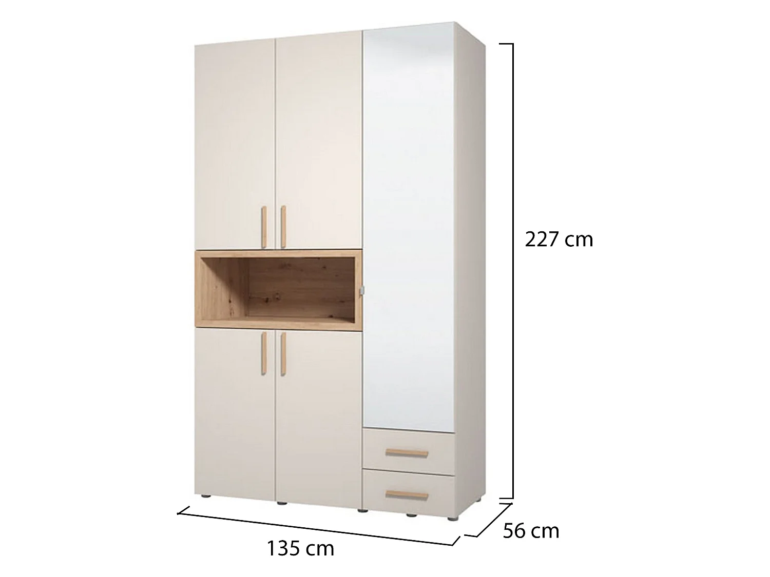 Kleiderschrank 3 Türen mit Ablagen, Kleiderstange, 135x56 cm Beige, Schlafzimmer-Schrank, 2 Schubladen, 6 Regalböden
