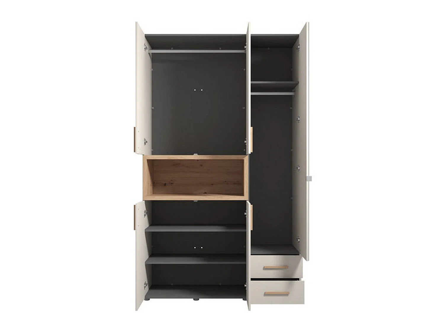 Kleiderschrank 3 Türen mit Ablagen, Kleiderstange, 135x56 cm Beige, Schlafzimmer-Schrank, 2 Schubladen, 6 Regalböden