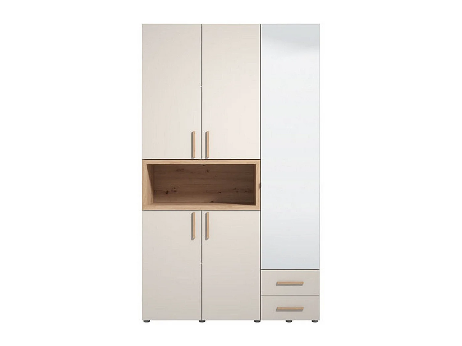 Kleiderschrank 3 Türen mit Ablagen, Kleiderstange, 135x56 cm Beige, Schlafzimmer-Schrank, 2 Schubladen, 6 Regalböden
