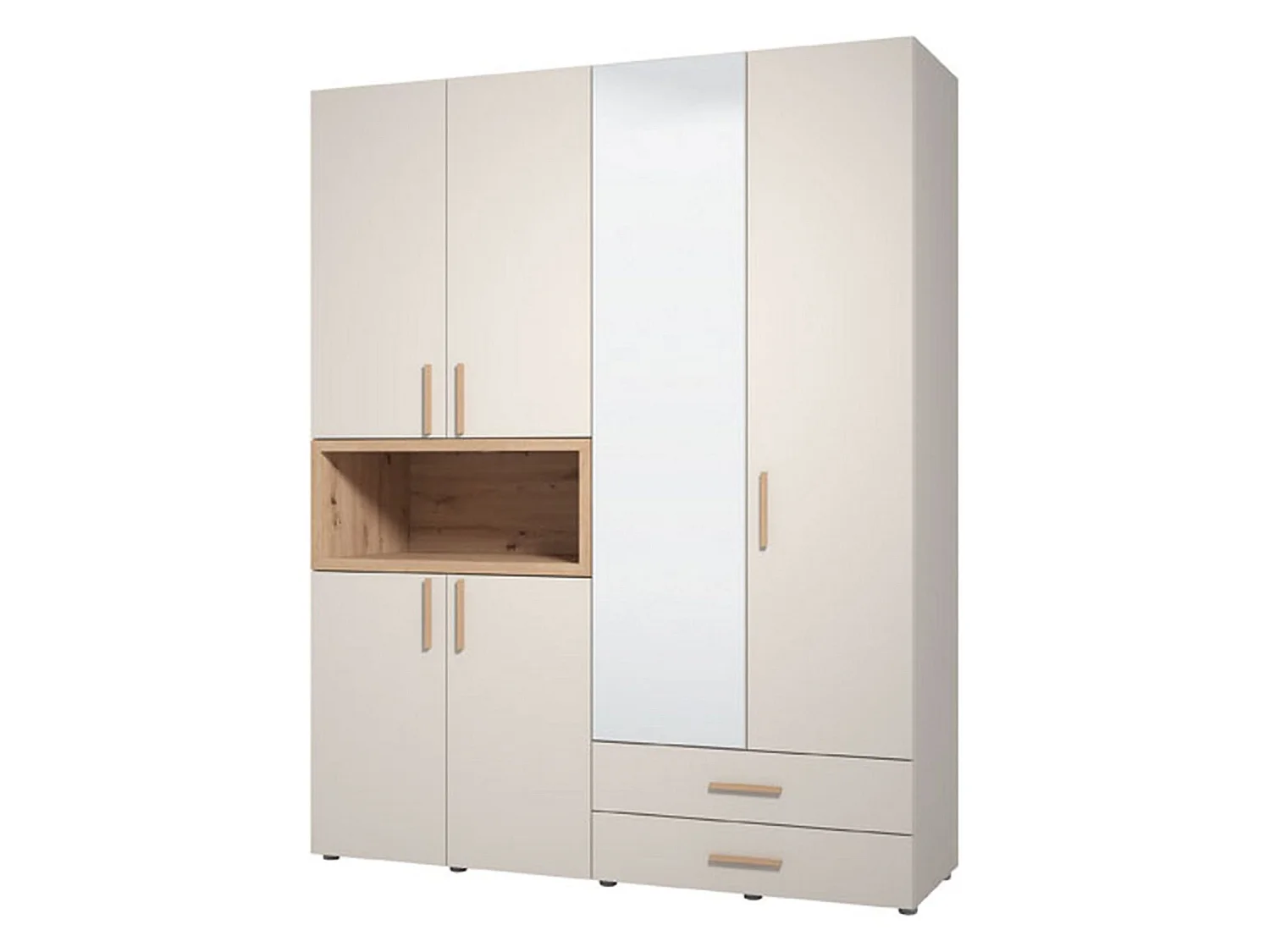 Großer Kleiderschrank Merlino, 2 Schubladen, 179x227h cm, Weiß/Creme, Schlafzimmerschrank, 4 Böden, Kleiderstange