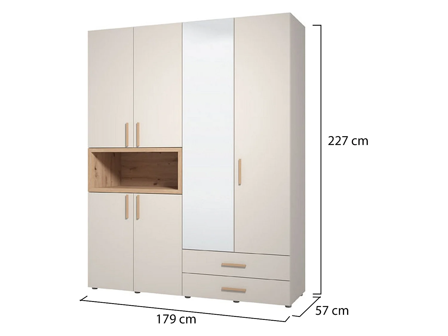 Großer Kleiderschrank Merlino, 2 Schubladen, 179x227h cm, Weiß/Creme, Schlafzimmerschrank, 4 Böden, Kleiderstange
