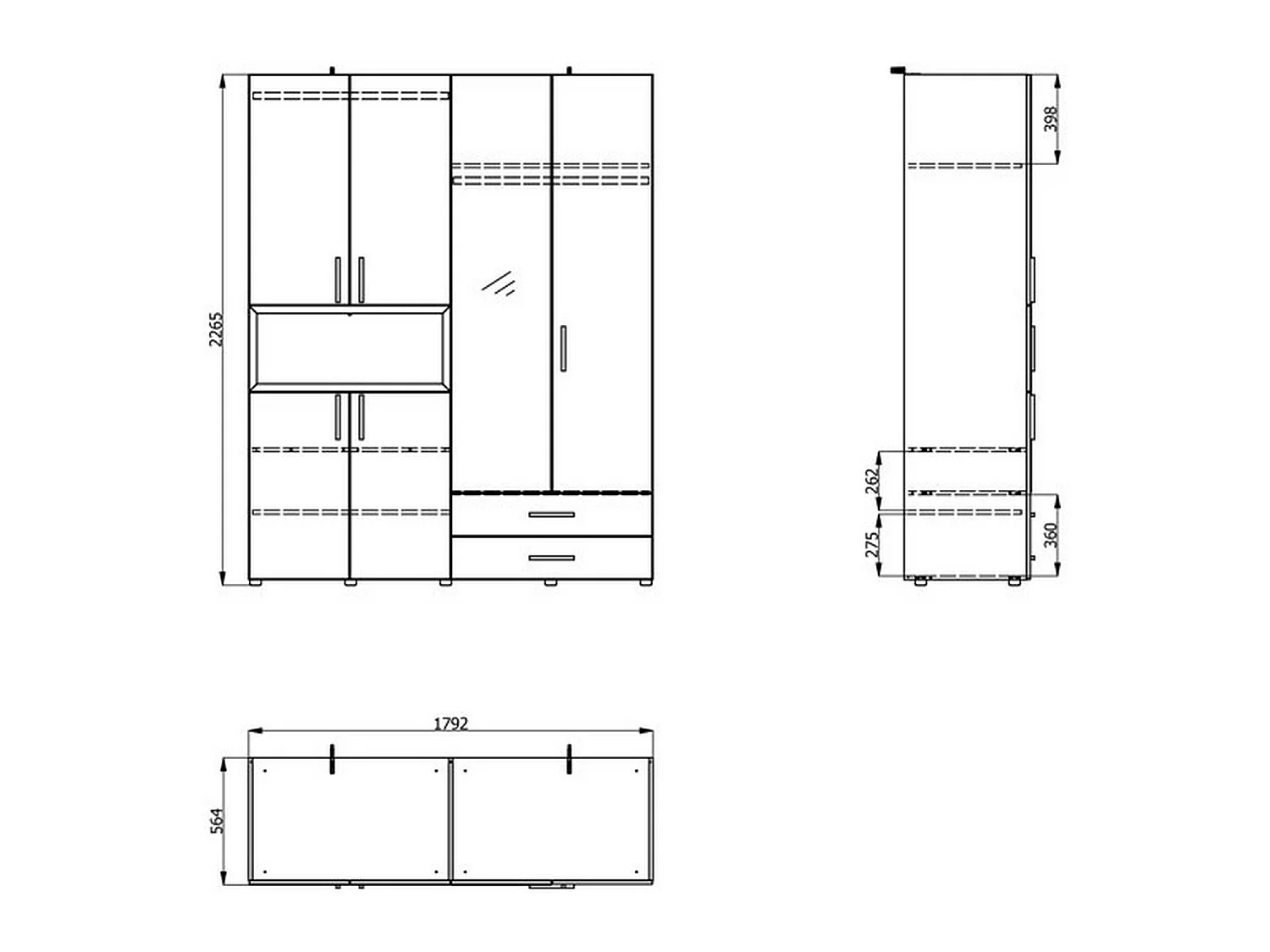 Großer Kleiderschrank Merlino, 2 Schubladen, 179x227h cm, Weiß/Creme, Schlafzimmerschrank, 4 Böden, Kleiderstange
