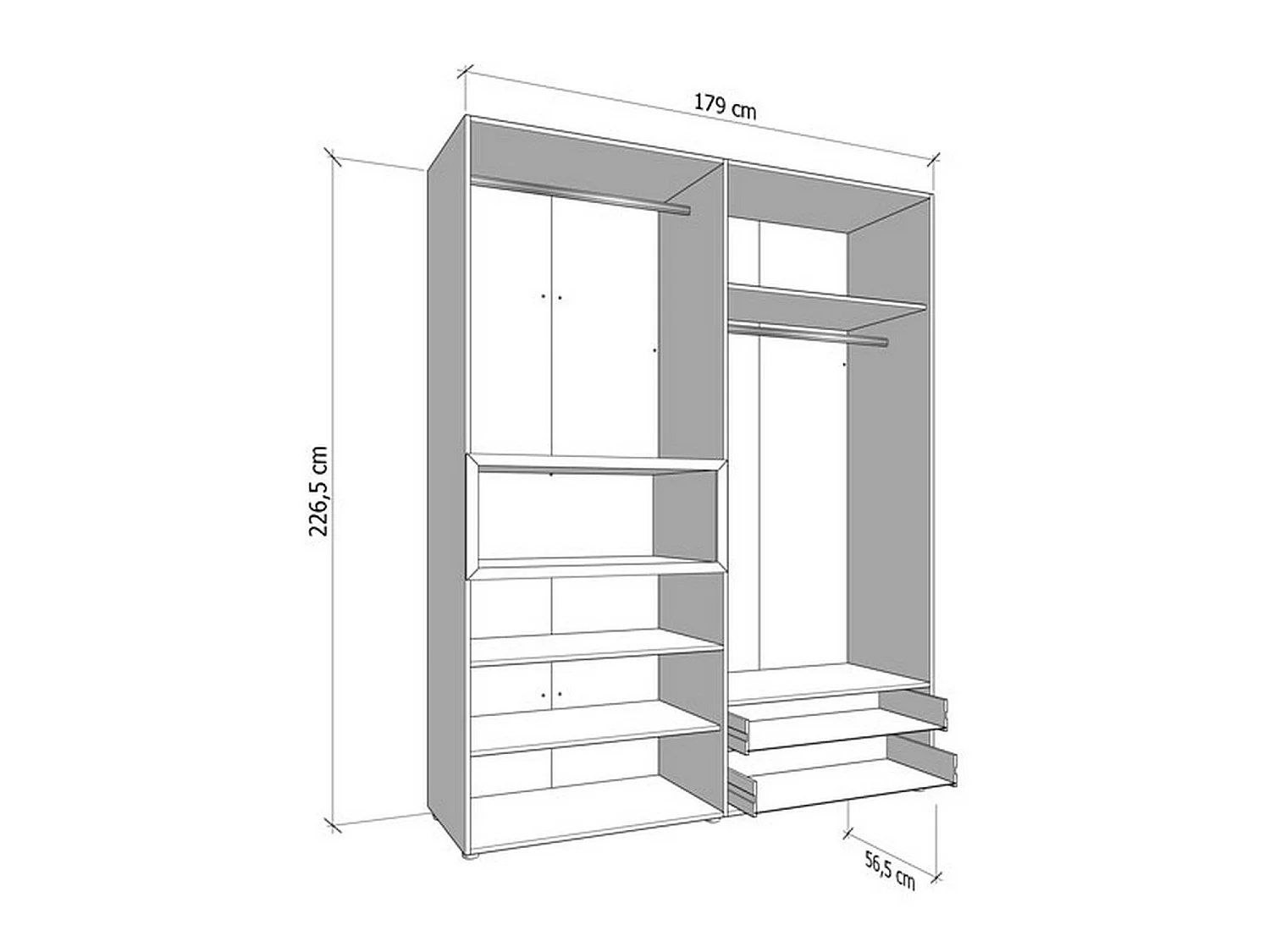 Großer Kleiderschrank Merlino, 2 Schubladen, 179x227h cm, Weiß/Creme, Schlafzimmerschrank, 4 Böden, Kleiderstange