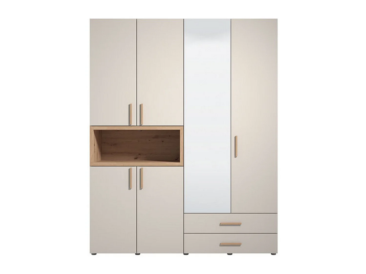Großer Kleiderschrank Merlino, 2 Schubladen, 179x227h cm, Weiß/Creme, Schlafzimmerschrank, 4 Böden, Kleiderstange