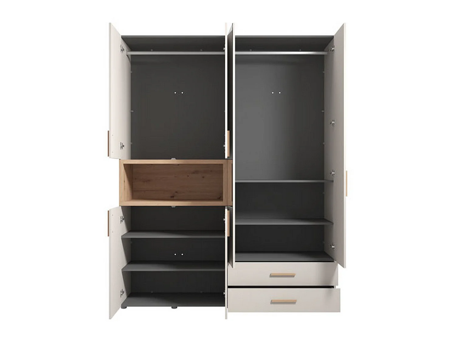 Großer Kleiderschrank Merlino, 2 Schubladen, 179x227h cm, Weiß/Creme, Schlafzimmerschrank, 4 Böden, Kleiderstange