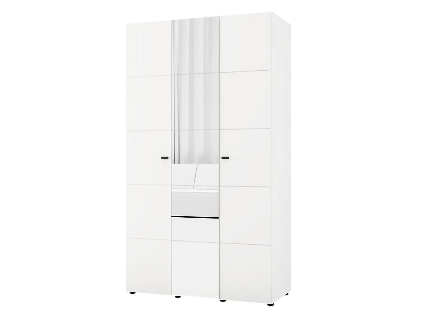Kleiderschrank 3 Türen Ouarza, Garderobe, 117x52 cm weiß matt, Schlafzimmer Schrank, 4 Regale, 3 Türen