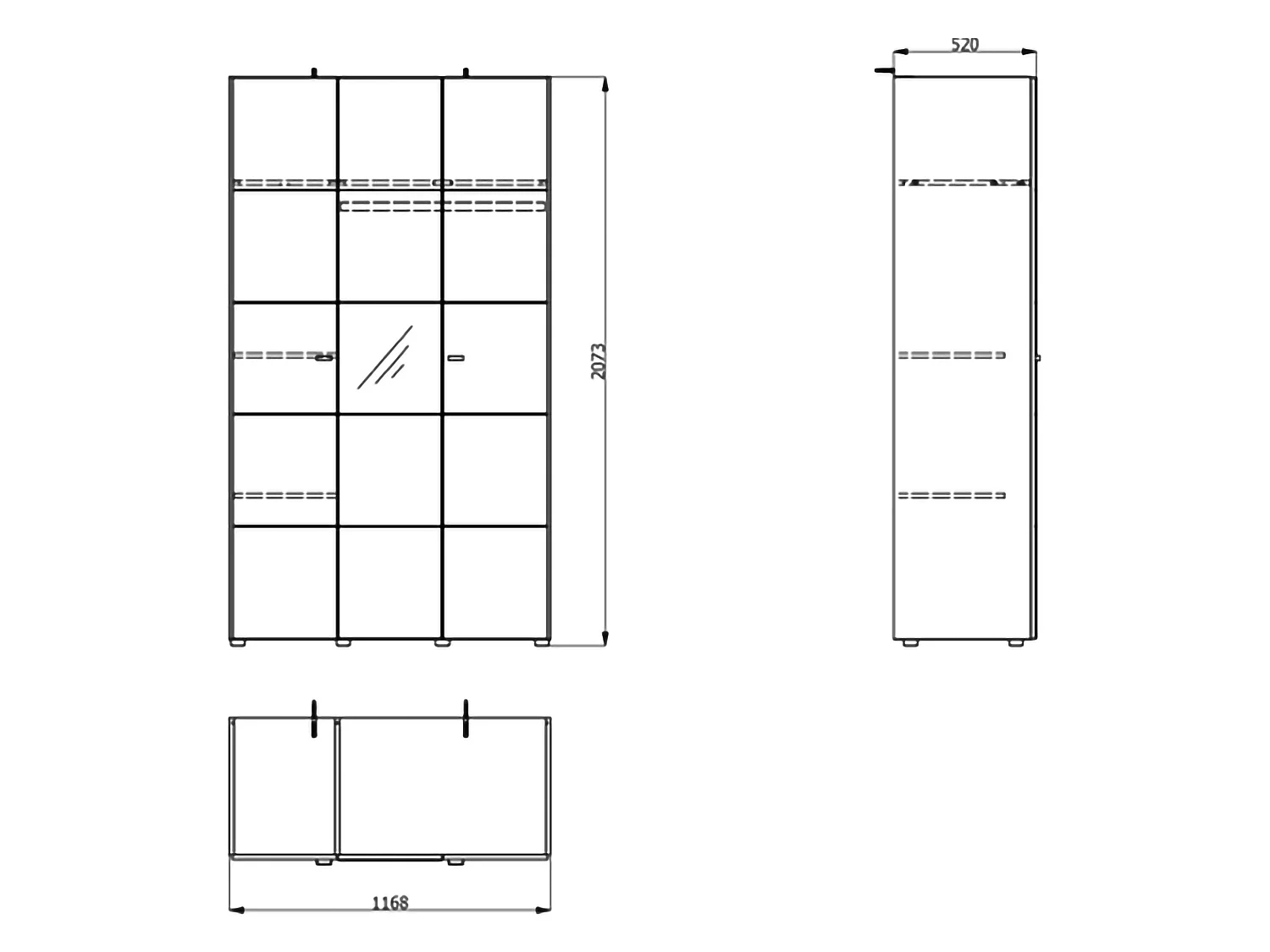 Kleiderschrank 3 Türen Ouarza, Garderobe, 117x52 cm weiß matt, Schlafzimmer Schrank, 4 Regale, 3 Türen