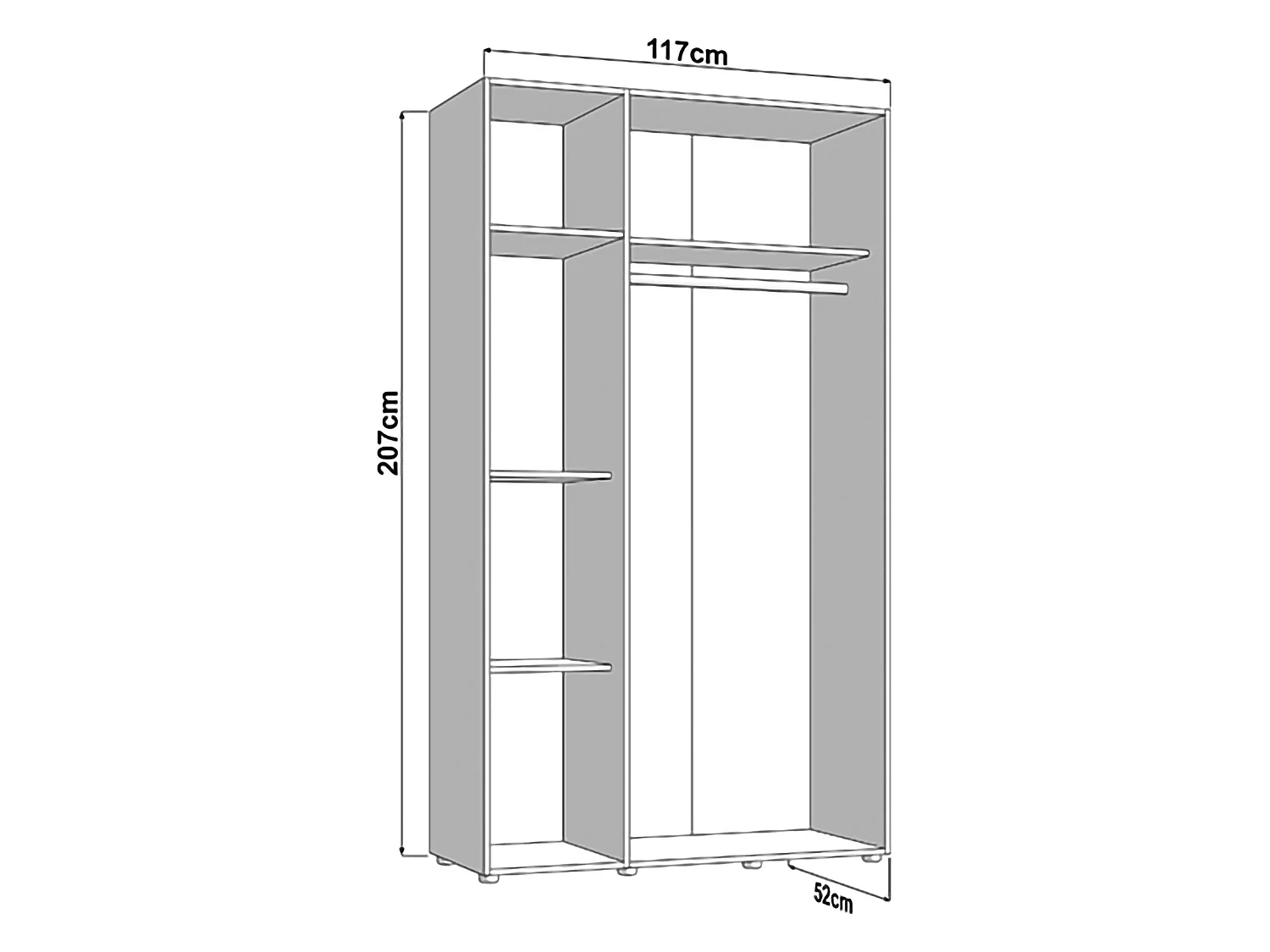 Kleiderschrank 3 Türen Ouarza, Garderobe, 117x52 cm weiß matt, Schlafzimmer Schrank, 4 Regale, 3 Türen