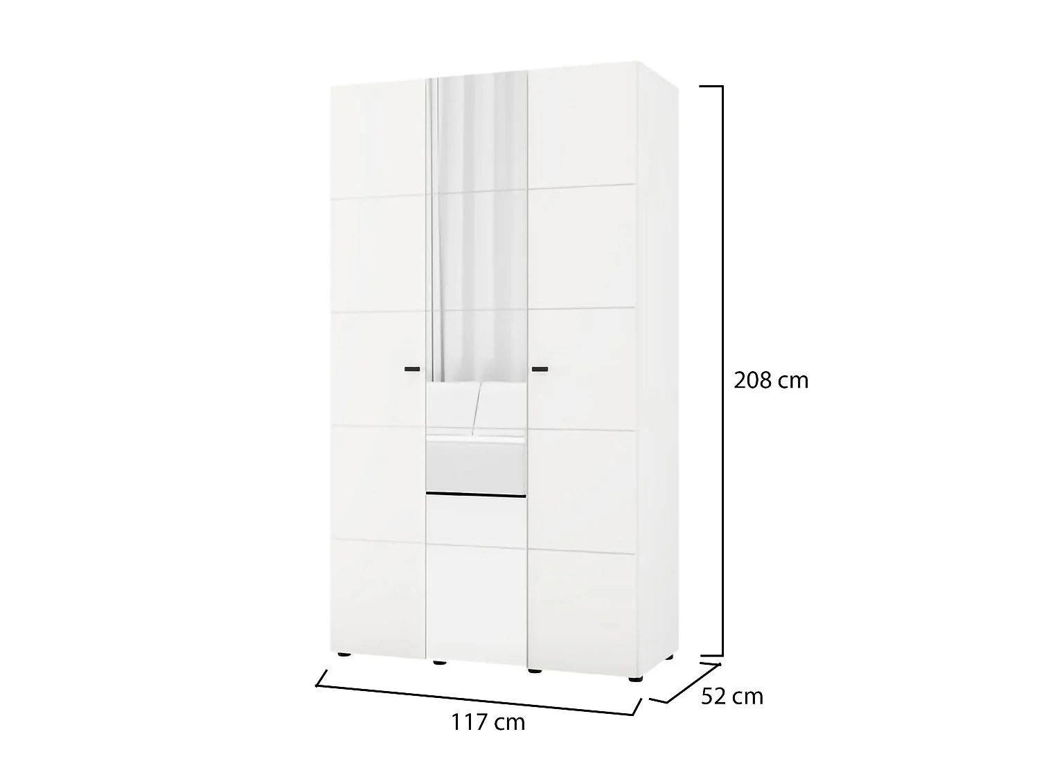 Kleiderschrank 3 Türen Ouarza, Garderobe, 117x52 cm weiß matt, Schlafzimmer Schrank, 4 Regale, 3 Türen