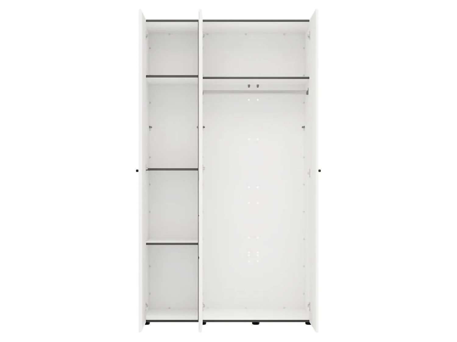 Kleiderschrank 3 Türen Ouarza, Garderobe, 117x52 cm weiß matt, Schlafzimmer Schrank, 4 Regale, 3 Türen