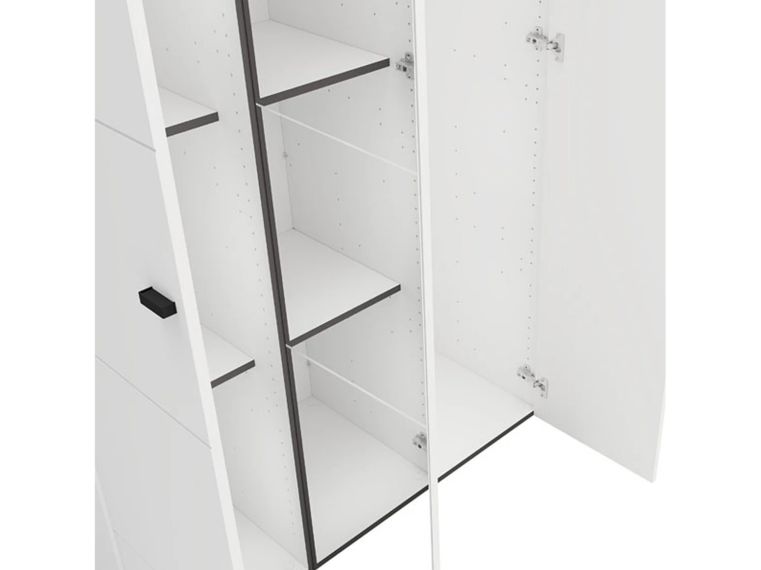 Kleiderschrank 3 Türen Ouarza, Garderobe, 117x52 cm weiß matt, Schlafzimmer Schrank, 4 Regale, 3 Türen