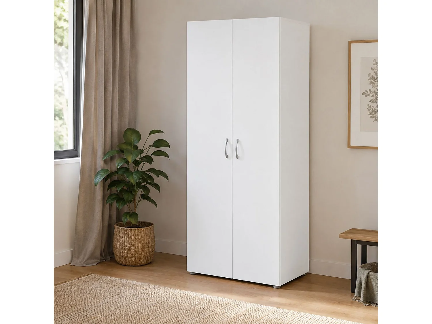 Armoire 2 Portes Malvito, une Étagère, 51.9x179h cm Blanc, Armoire Chambre