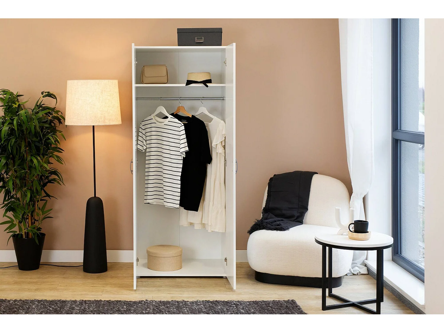 Armoire 2 Portes Malvito, une Étagère, 51.9x179h cm Blanc, Armoire Chambre