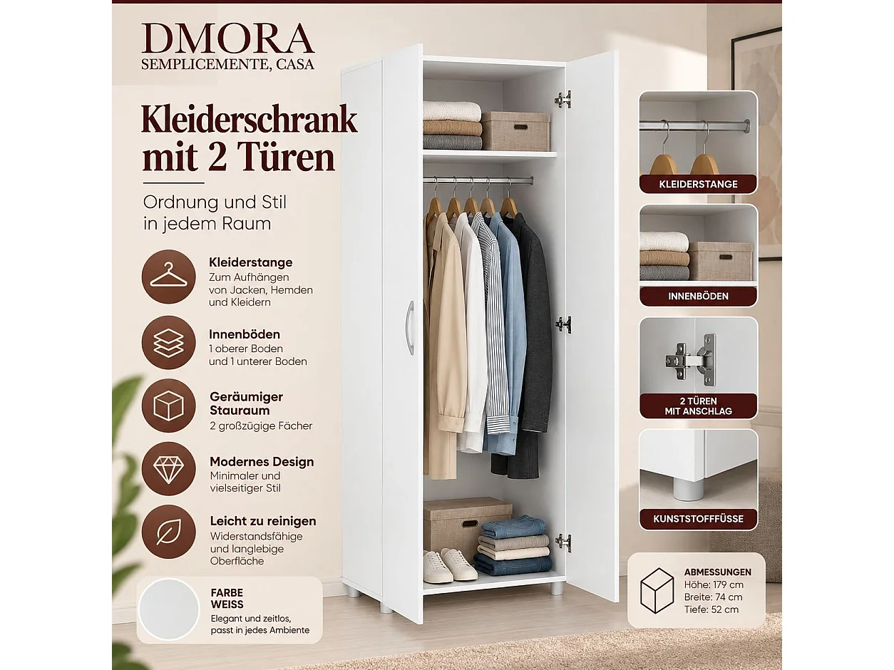 Armoire 2 Portes Malvito, une Étagère, 51.9x179h cm Blanc, Armoire Chambre