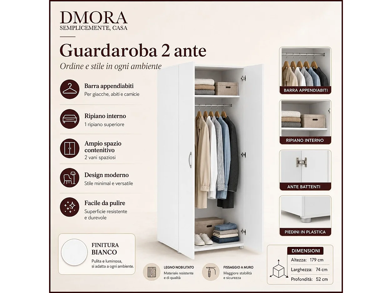 Armoire 2 Portes Malvito, une Étagère, 51.9x179h cm Blanc, Armoire Chambre