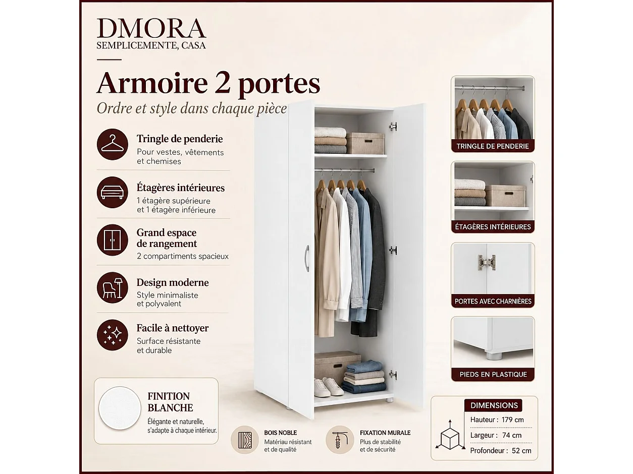 Armoire 2 Portes Malvito, une Étagère, 51.9x179h cm Blanc, Armoire Chambre