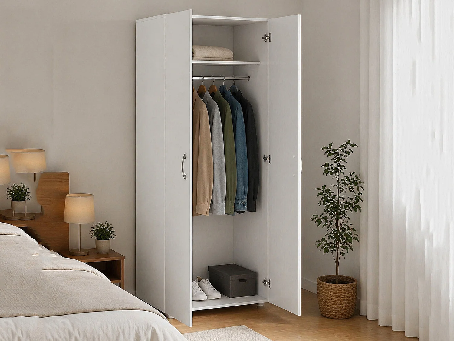 Armoire 2 Portes Malvito, une Étagère, 51.9x179h cm Blanc, Armoire Chambre