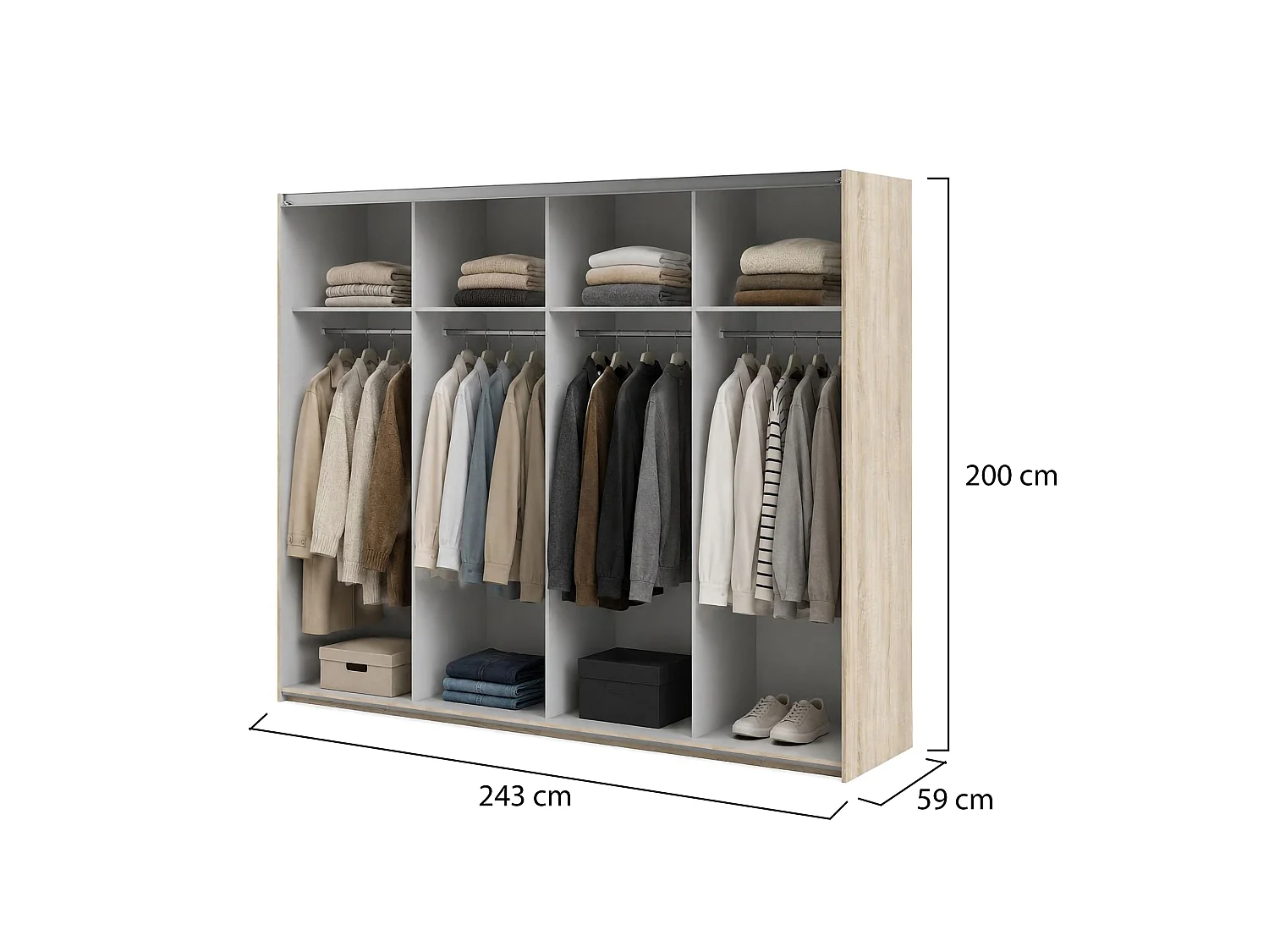 Großer Kleiderschrank Alienor, 4 Böden, 59x200 cm, Eichenbraun, Schlafzimmer Kleiderschrank