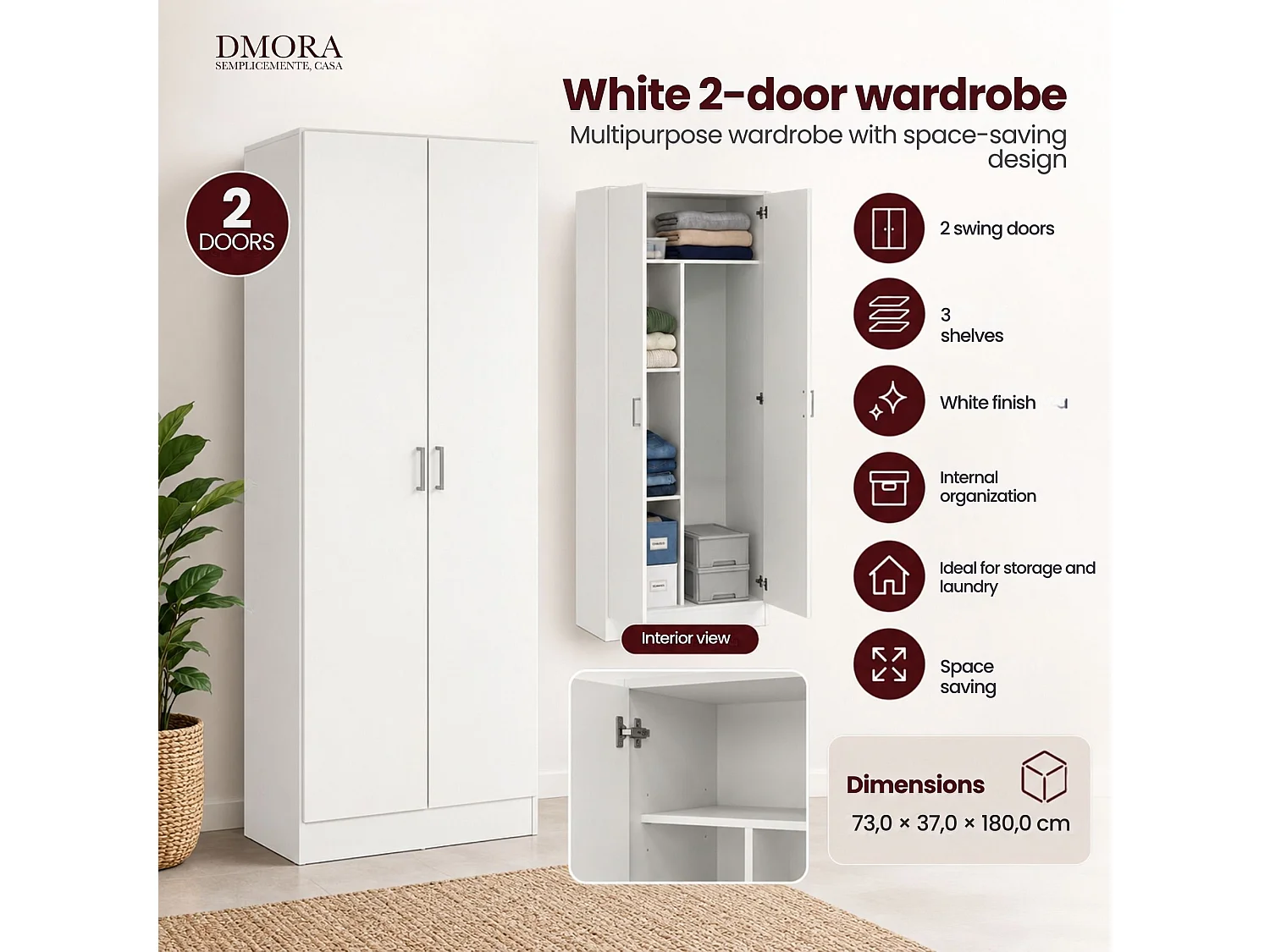 Armario multiusos Soresina, 2 puertas, 3 estantes, 73x180h cm blanco, 2 puertas, 5 compartimentos