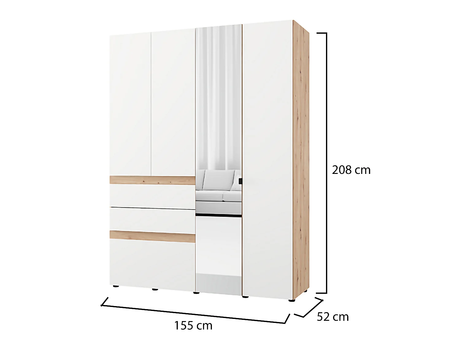 Guardaroba Grande Ushuaia, 3 Cassetti, 155x208h cm Bianco Opaco, Armadio Camera da Letto, 3 Ripiani, Appendiabiti