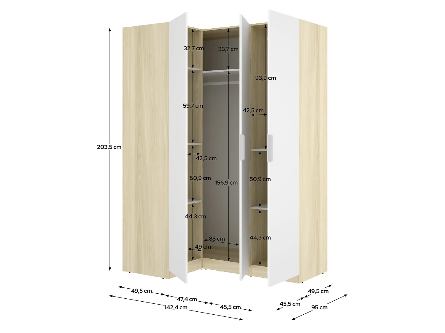 Armoire 3 Portes Reeves, Porte-Manteaux, 95x142 cm Blanc, Chambre, 6 Étagères, 3 Portes