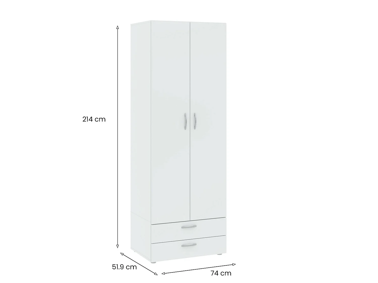 Armoire 2 Portes Buriasco, Porte-manteau, 51.9x214h cm Blanc, Armoire Chambre à Coucher