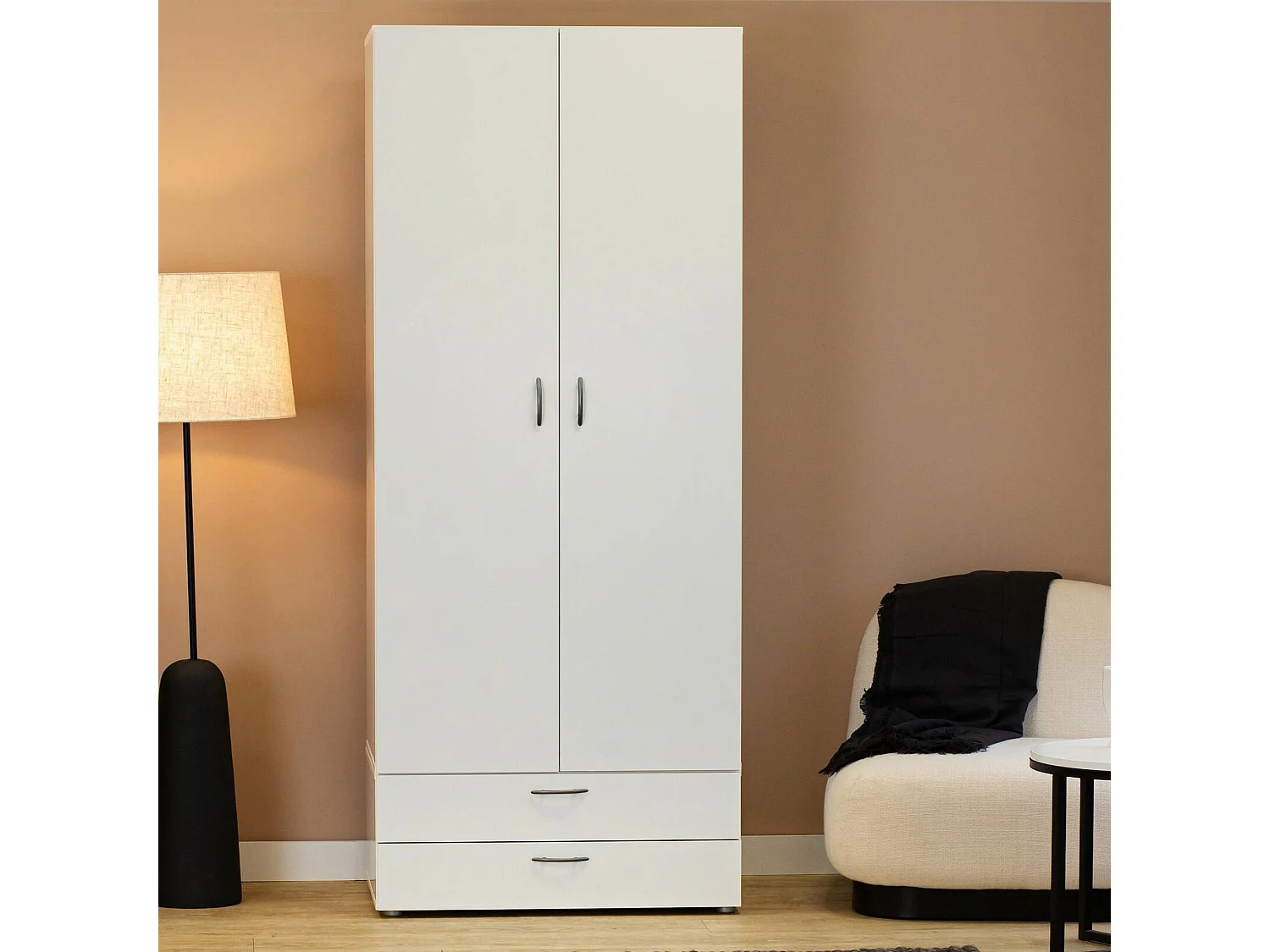 Armoire 2 Portes Buriasco, Porte-manteau, 51.9x214h cm Blanc, Armoire Chambre à Coucher