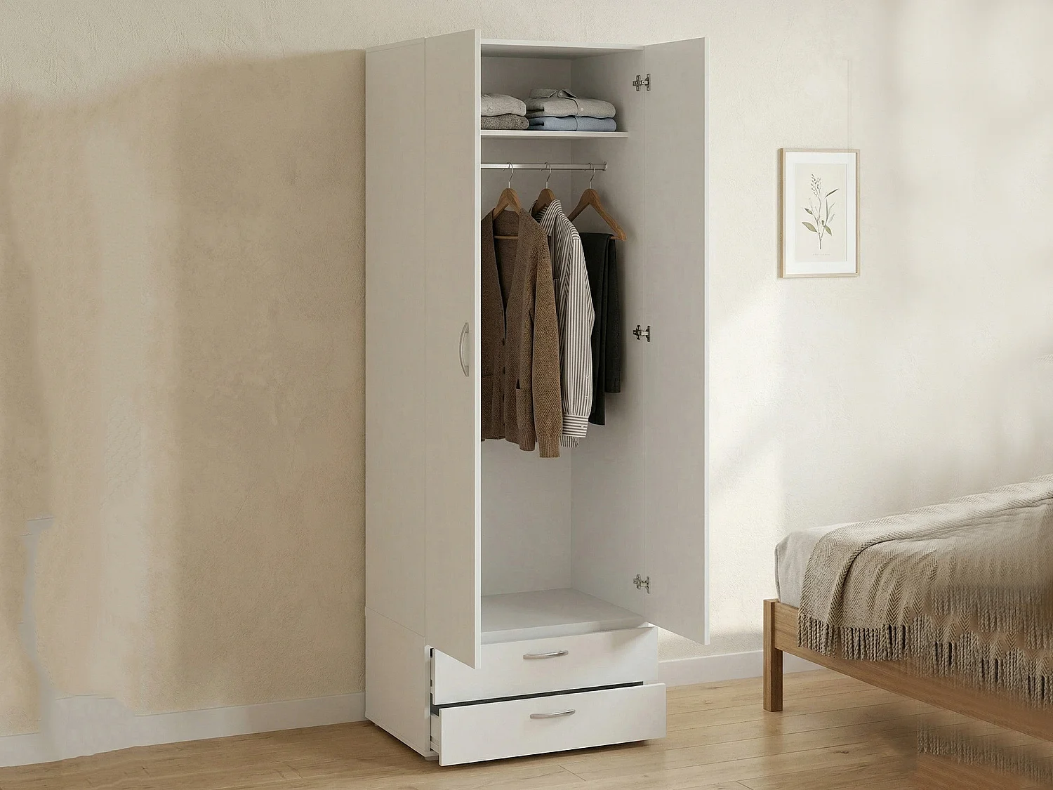 Armoire 2 Portes Buriasco, Porte-manteau, 51.9x214h cm Blanc, Armoire Chambre à Coucher