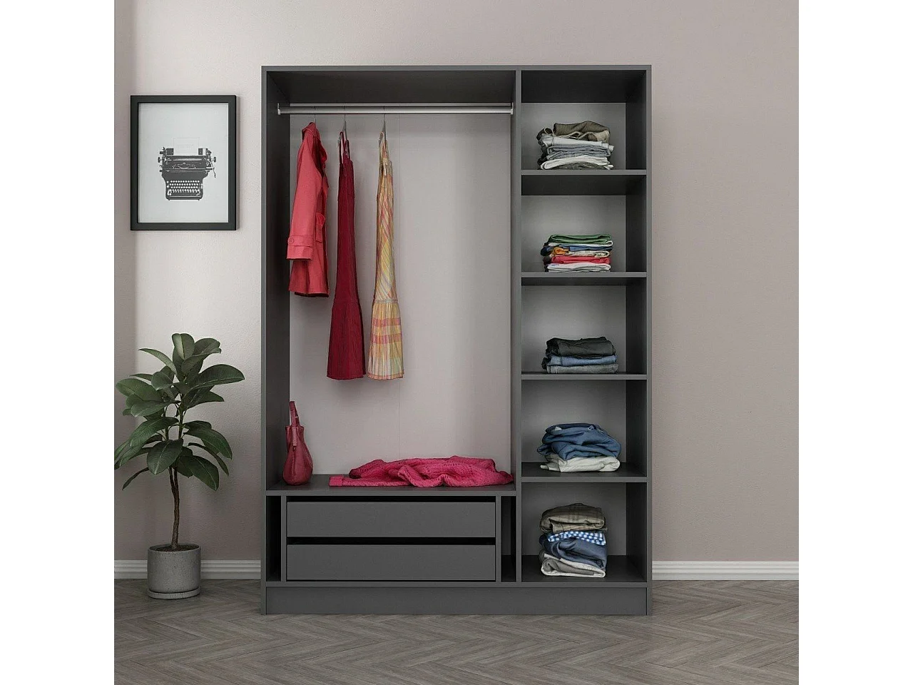 Guardaroba 3 Ante Gerrei, Appendiabiti, 135x52 cm Nero Antracite, Armadio Camera da Letto, 5 Ripiani, 3 Ante