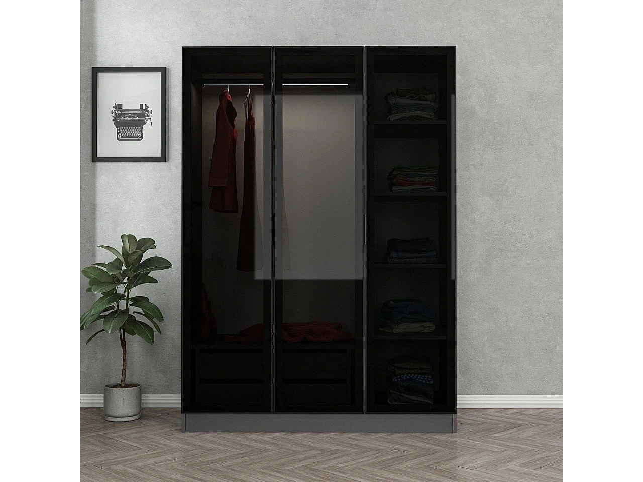 Guardaroba 3 Ante Gerrei, Appendiabiti, 135x52 cm Nero Antracite, Armadio Camera da Letto, 5 Ripiani, 3 Ante
