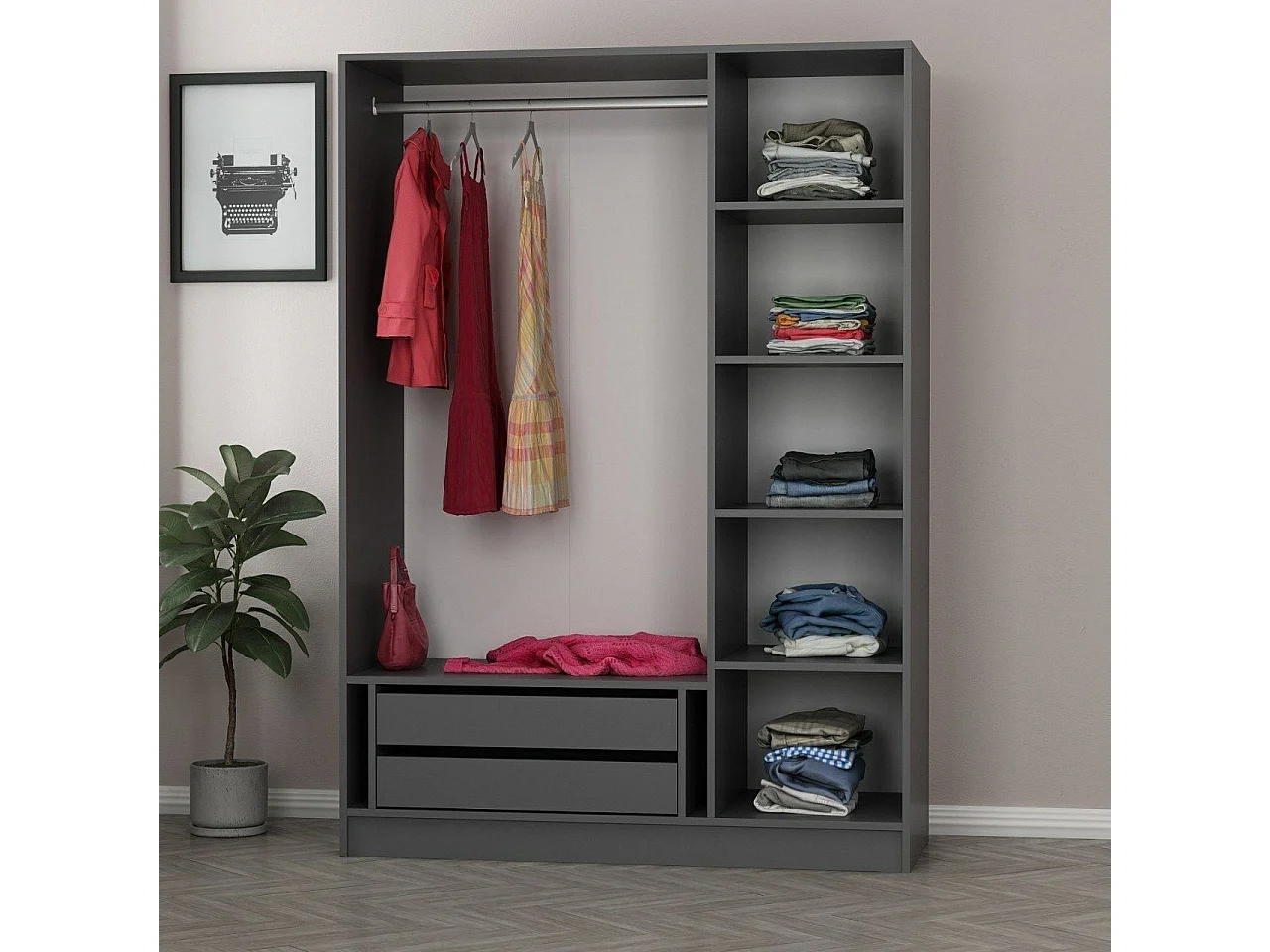 Guardaroba 3 Ante Gerrei, Appendiabiti, 135x52 cm Nero Antracite, Armadio Camera da Letto, 5 Ripiani, 3 Ante