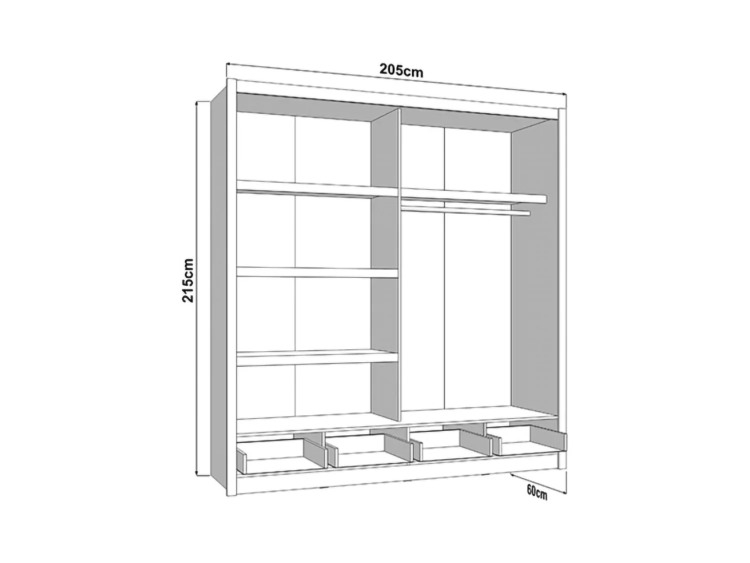 Schrank 2 Türen Copala, 4 Regalböden, 205x216h cm Eiche Braun, Schlafzimmer Kleiderschrank, Kleiderstange, 2 Schubladen