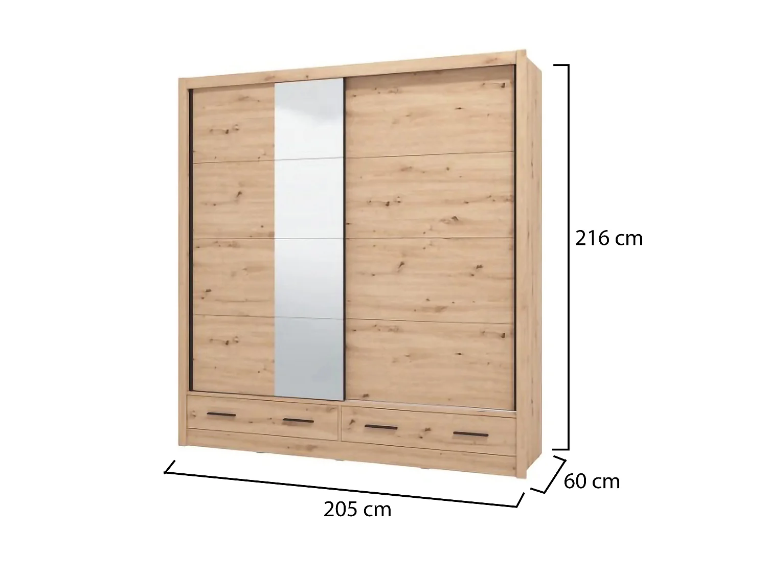 Schrank 2 Türen Copala, 4 Regalböden, 205x216h cm Eiche Braun, Schlafzimmer Kleiderschrank, Kleiderstange, 2 Schubladen