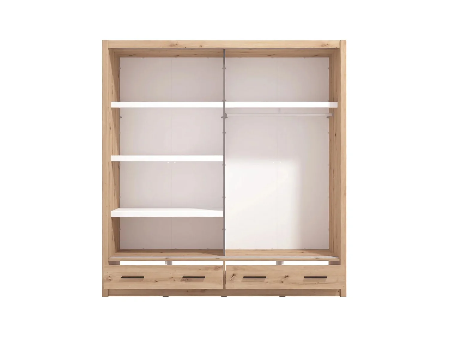 Schrank 2 Türen Copala, 4 Regalböden, 205x216h cm Eiche Braun, Schlafzimmer Kleiderschrank, Kleiderstange, 2 Schubladen