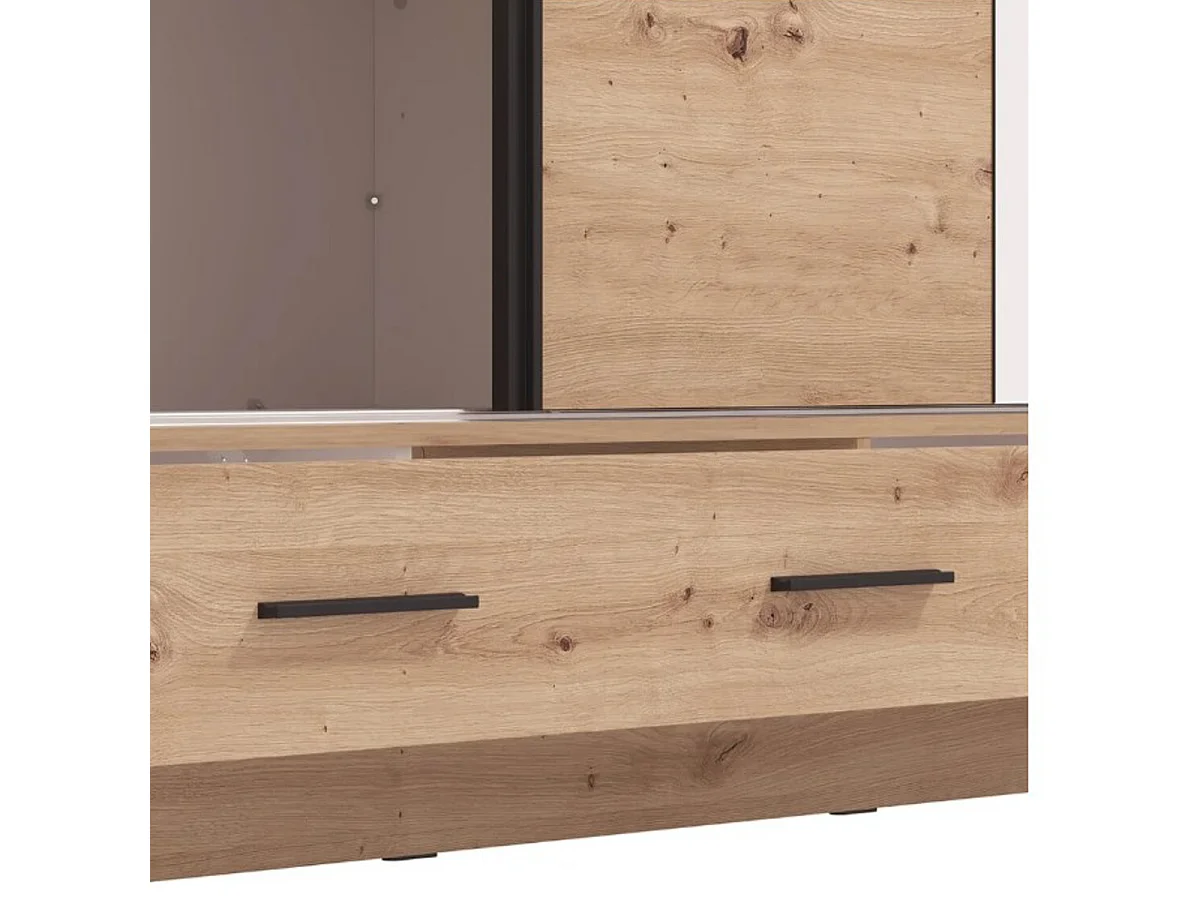 Schrank 2 Türen Copala, 4 Regalböden, 205x216h cm Eiche Braun, Schlafzimmer Kleiderschrank, Kleiderstange, 2 Schubladen