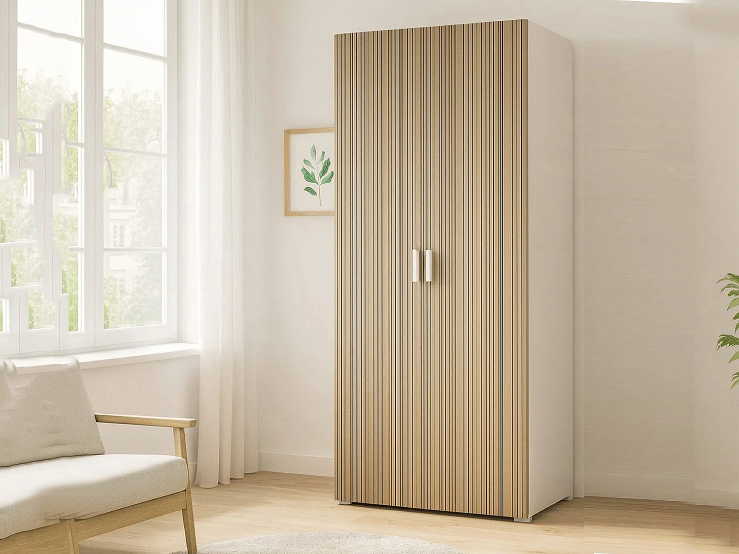 Armoire 2 Portes Nigella, Porte-manteau Fabriqué en Italie, 52.00x180.00h cm Blanc Chêne Strié, Chambre à Coucher