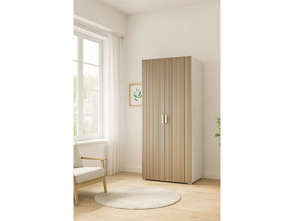 Armoire 2 Portes Nigella, Porte-manteau Fabriqué en Italie, 52.00x180.00h cm Blanc Chêne Strié, Chambre à Coucher