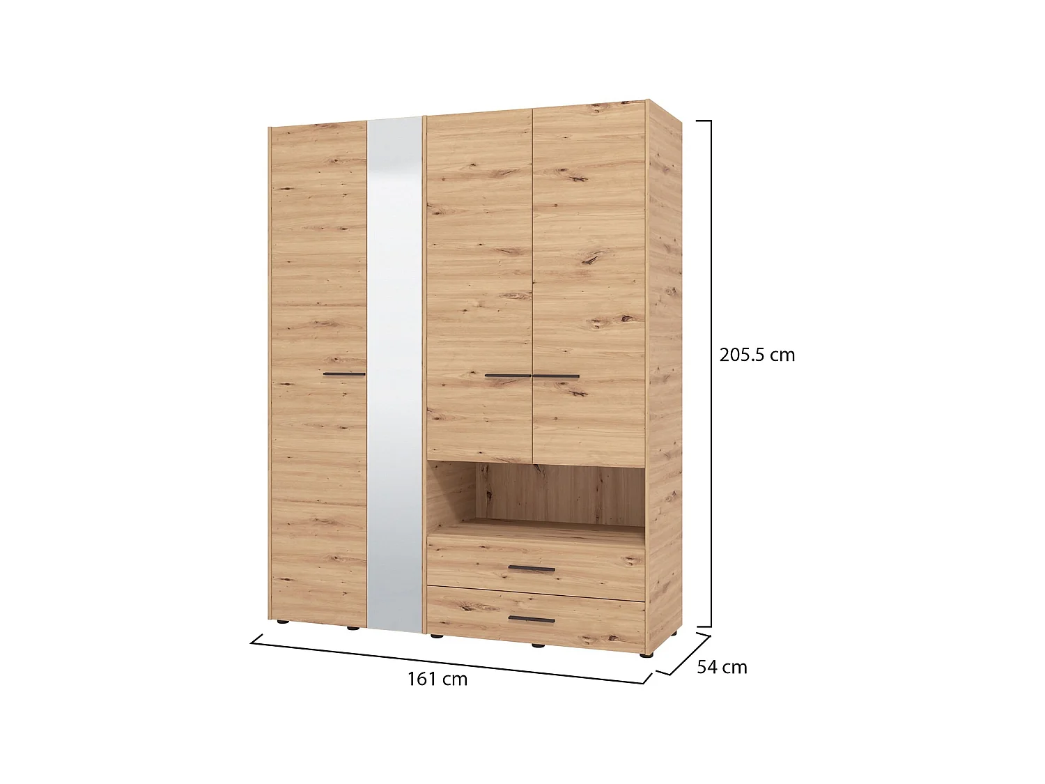 Großer Kleiderschrank Teana, 5 Regale, 161x206h cm Eiche Braun Knoten, Schlafzimmer Schrank, 3 Schubladen, Kleiderstange