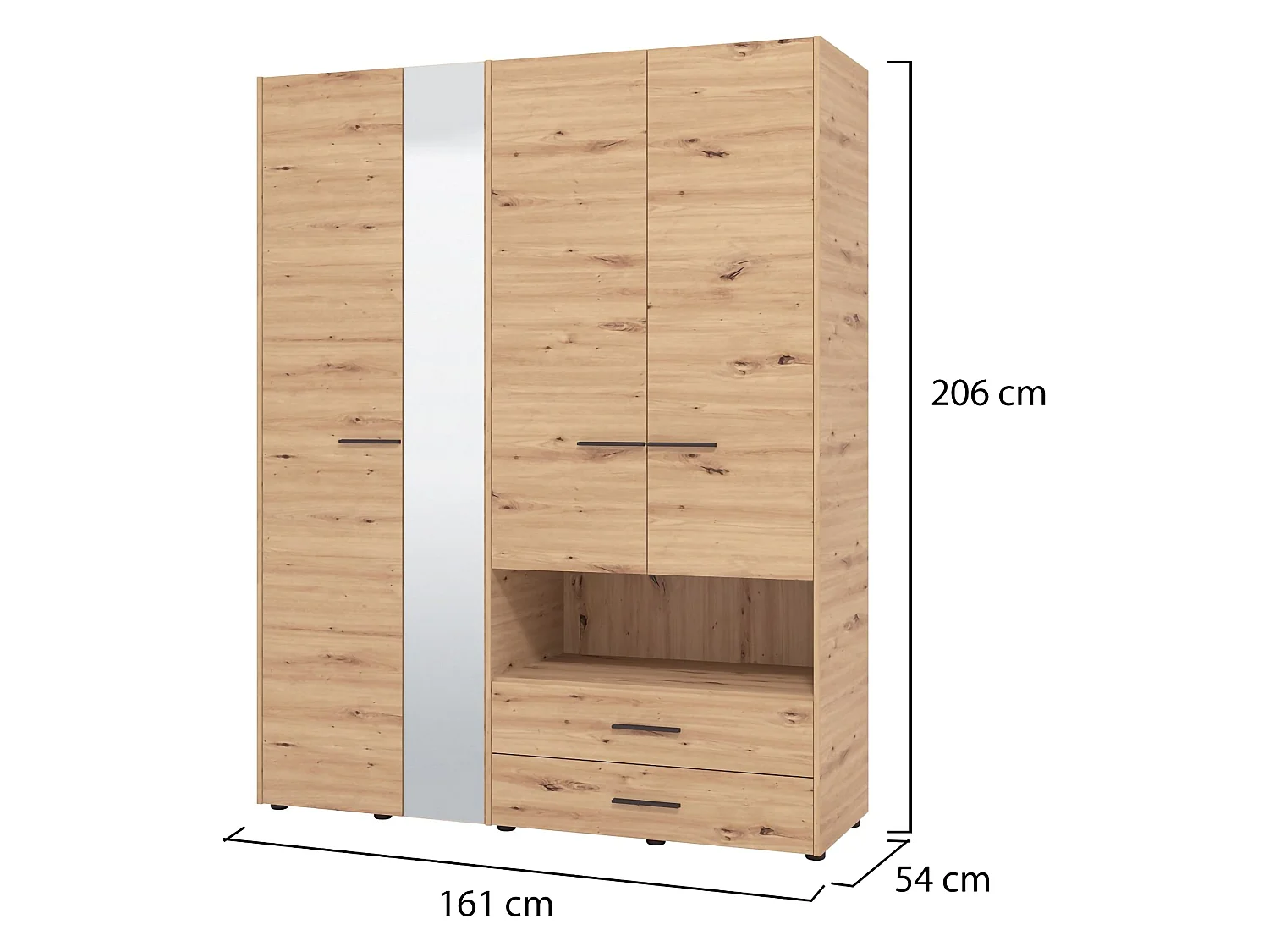 Großer Kleiderschrank Teana, 5 Regale, 161x206h cm Eiche Braun Knoten, Schlafzimmer Schrank, 3 Schubladen, Kleiderstange