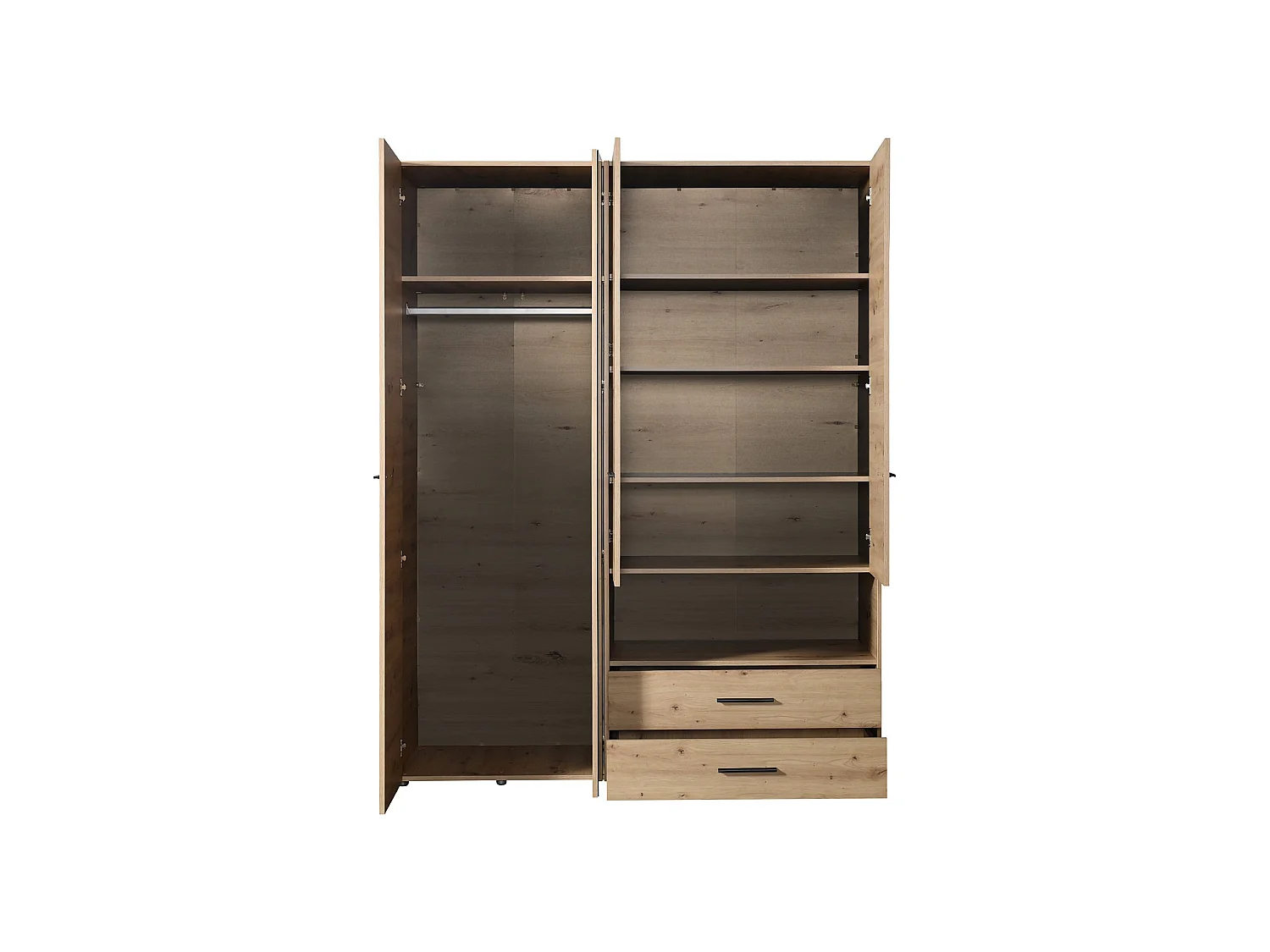 Großer Kleiderschrank Teana, 5 Regale, 161x206h cm Eiche Braun Knoten, Schlafzimmer Schrank, 3 Schubladen, Kleiderstange