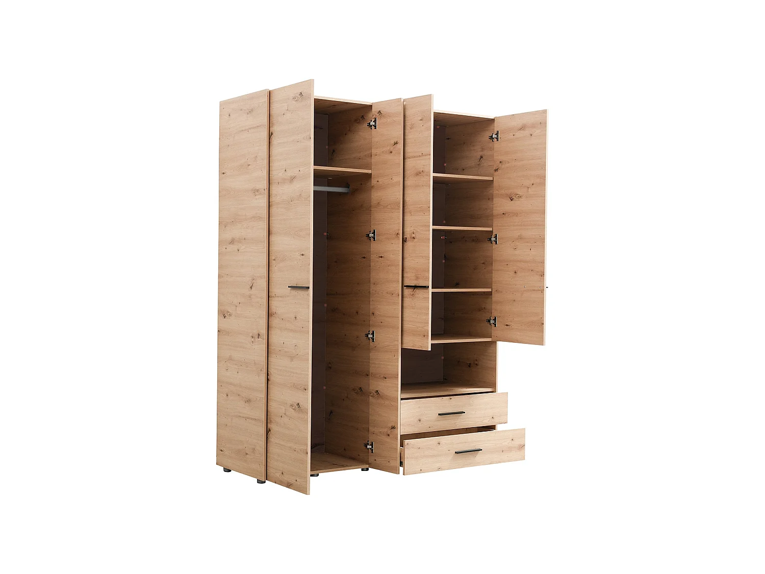 Großer Kleiderschrank Teana, 5 Regale, 161x206h cm Eiche Braun Knoten, Schlafzimmer Schrank, 3 Schubladen, Kleiderstange