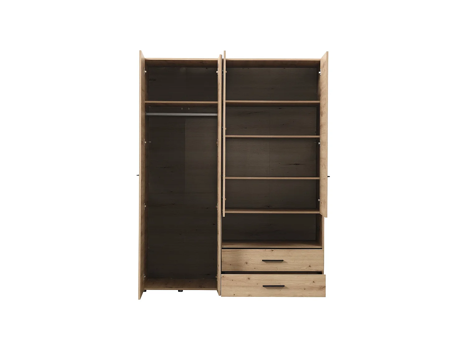 Großer Kleiderschrank Teana, 5 Regale, 161x206h cm Eiche Braun Knoten, Schlafzimmer Schrank, 3 Schubladen, Kleiderstange